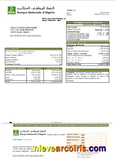 Algeria Banque nationale d'Algerie (BNA) bank mortgage statement